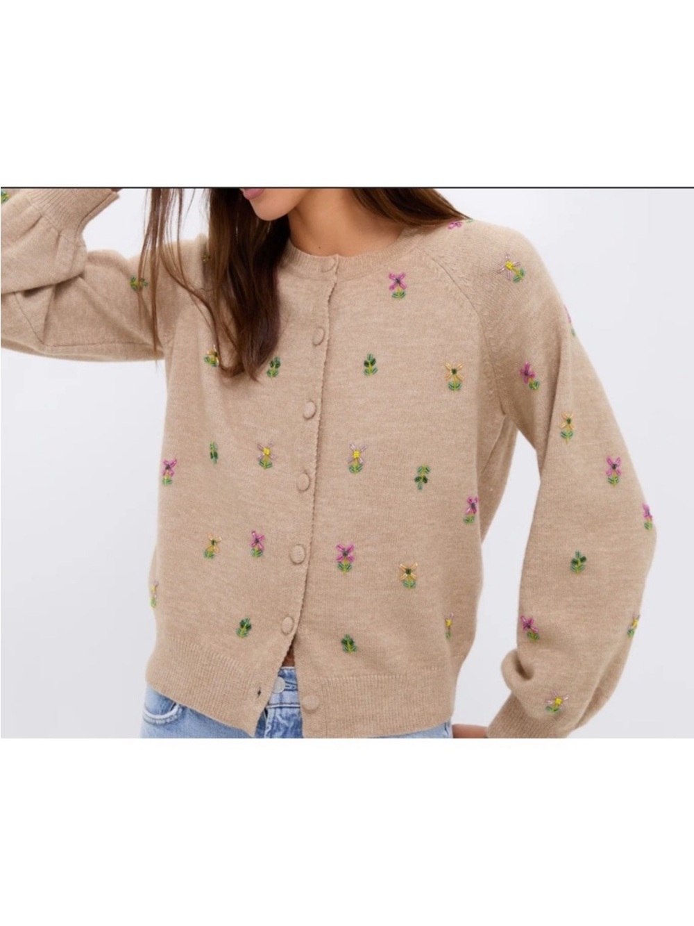 Tuckernuck Hyacinth House Tan Cardigan Sweater Elsie Embellished Beaded Floral